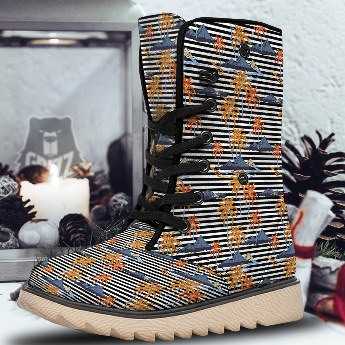 Tropical Island And Stripes Print Pattern Snow Boots-grizzshop
