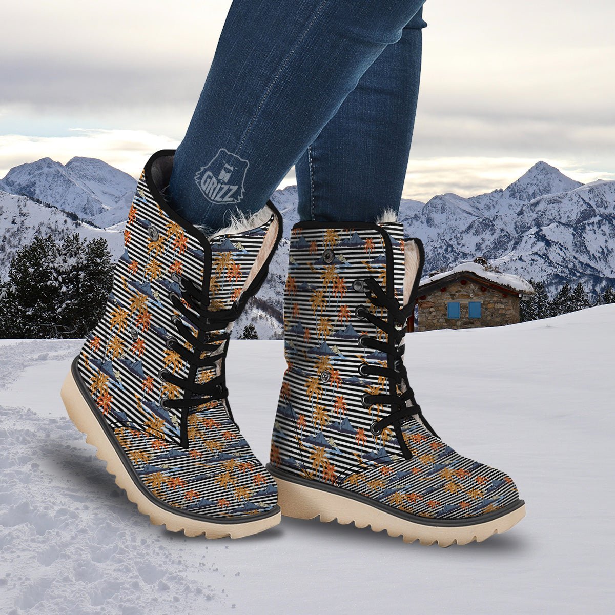 Tropical Island And Stripes Print Pattern Snow Boots-grizzshop