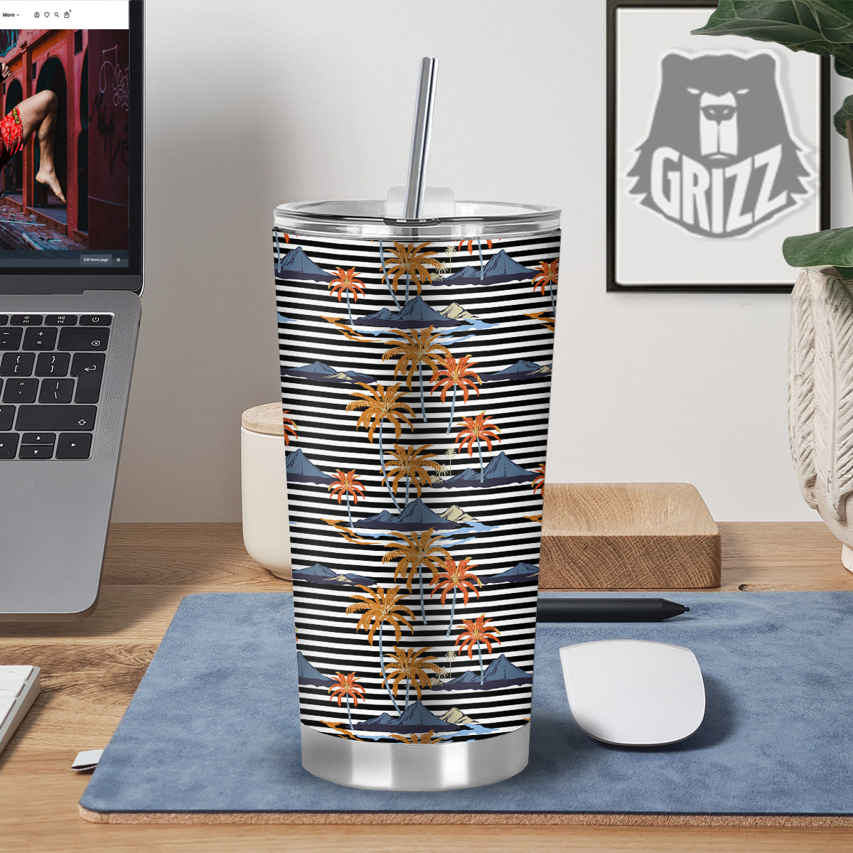 Tropical Island And Stripes Print Pattern Tumbler-grizzshop