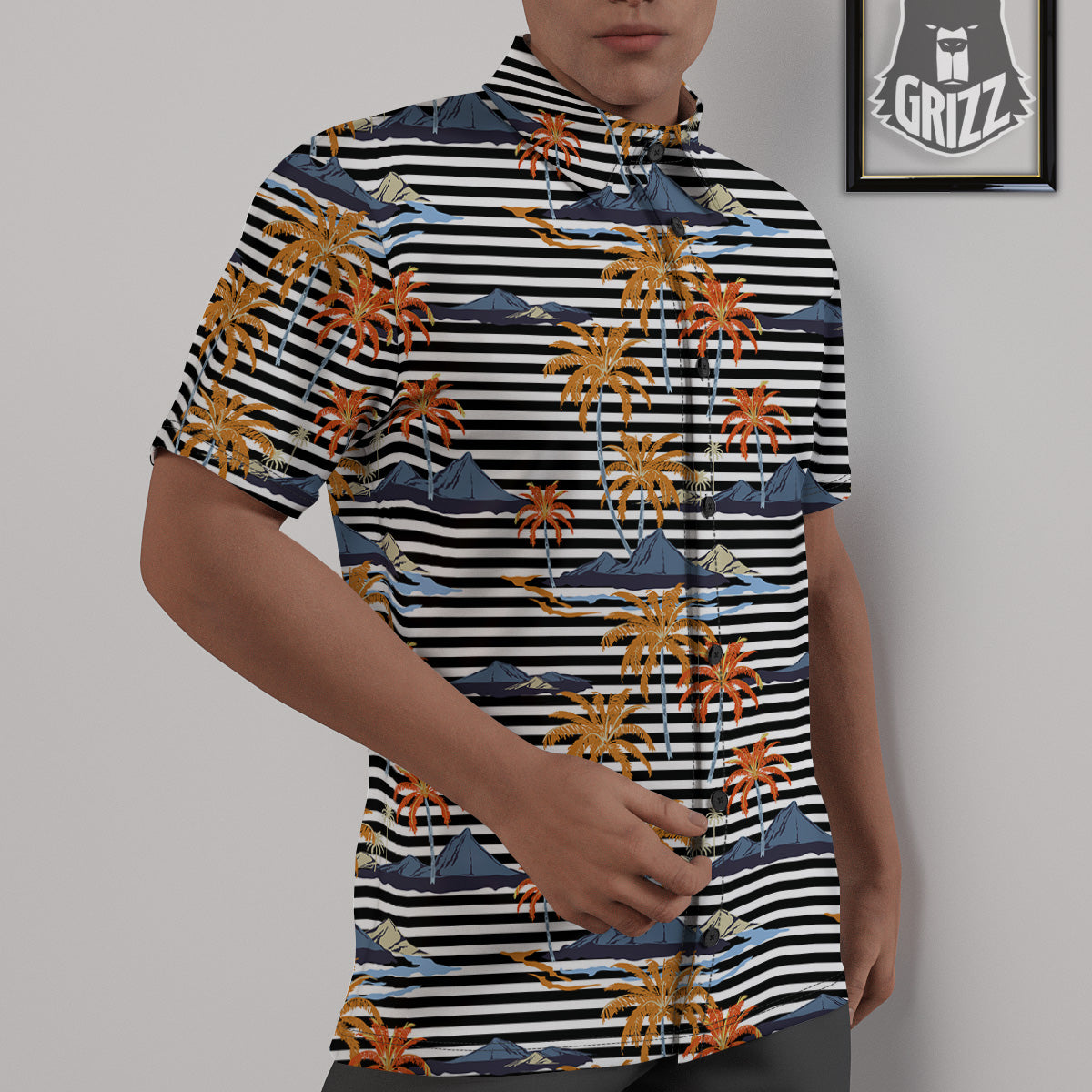 Tropical Island And Stripes Print Pattern Untucked Shirts-grizzshop