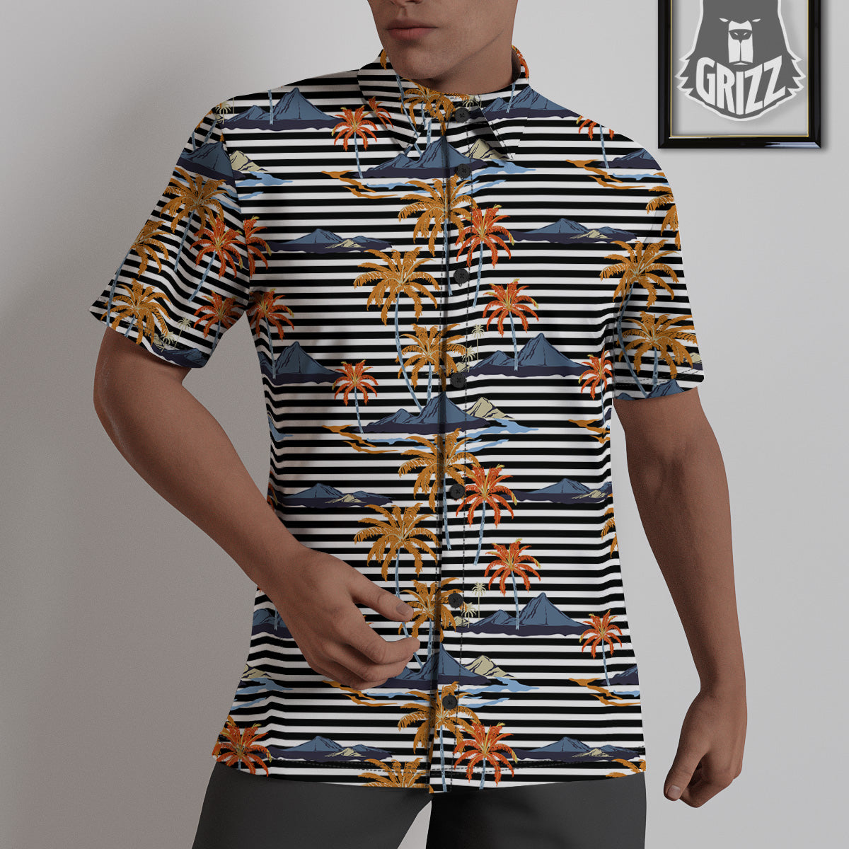 Tropical Island And Stripes Print Pattern Untucked Shirts-grizzshop