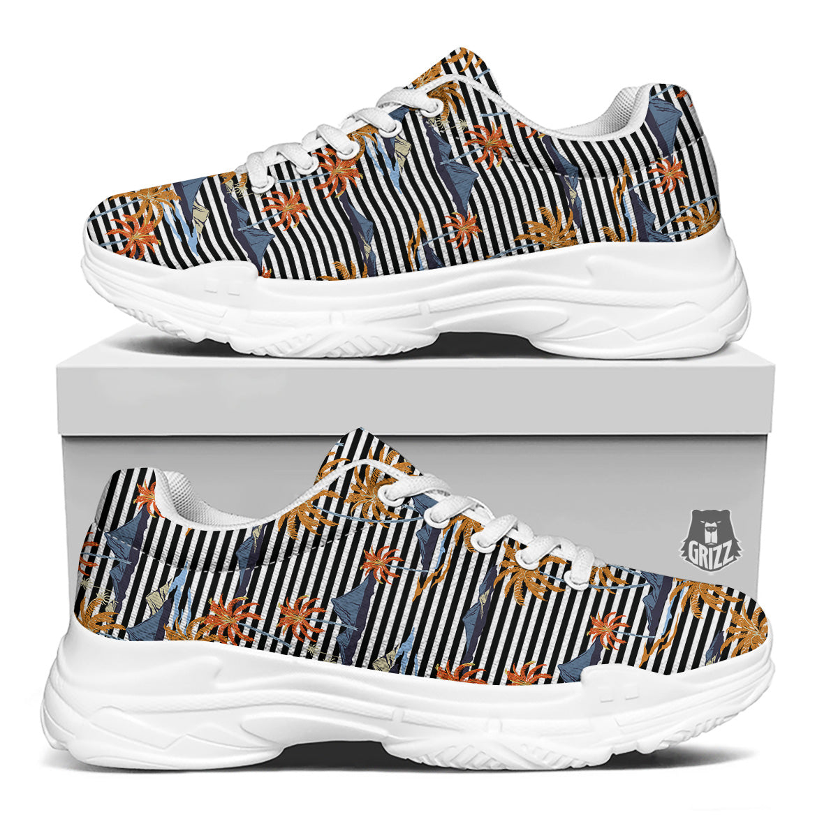 Tropical Island And Stripes Print Pattern White Chunky Shoes-grizzshop
