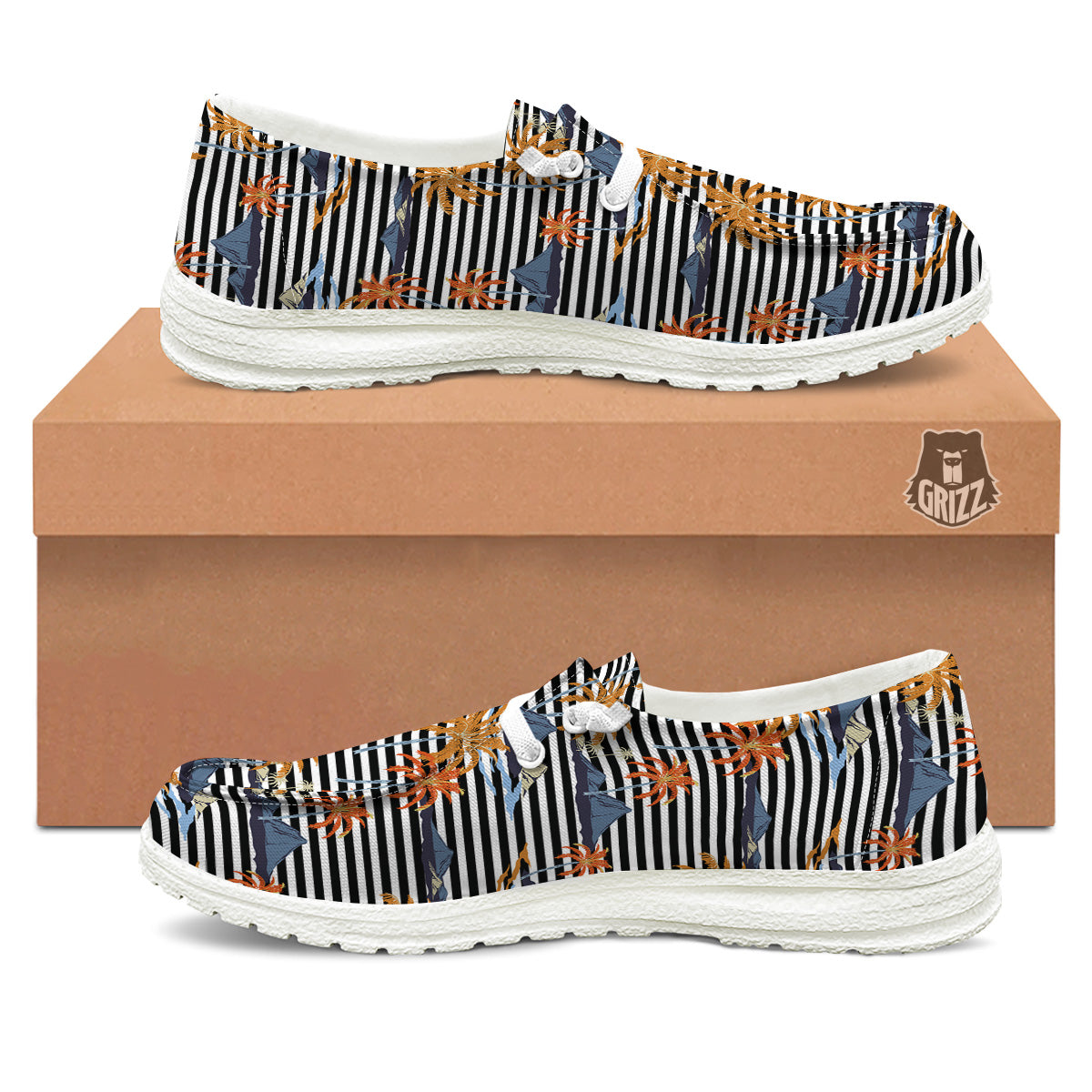 Tropical Island And Stripes Print Pattern White Loafers-grizzshop