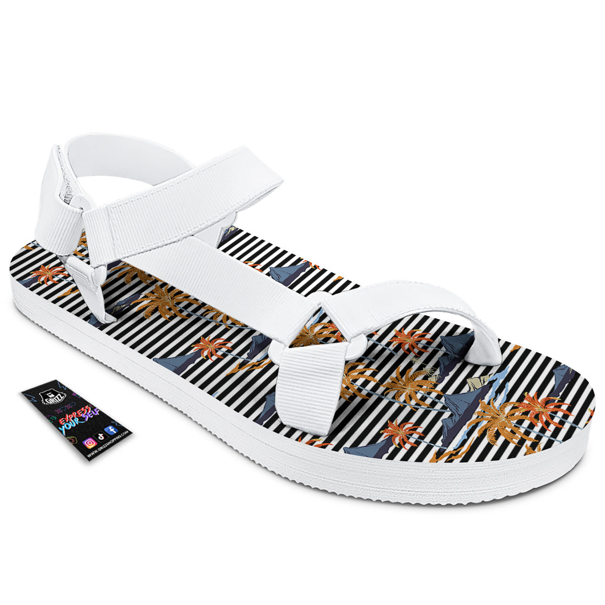 Tropical Island And Stripes Print Pattern White Open Toe Sandals-grizzshop