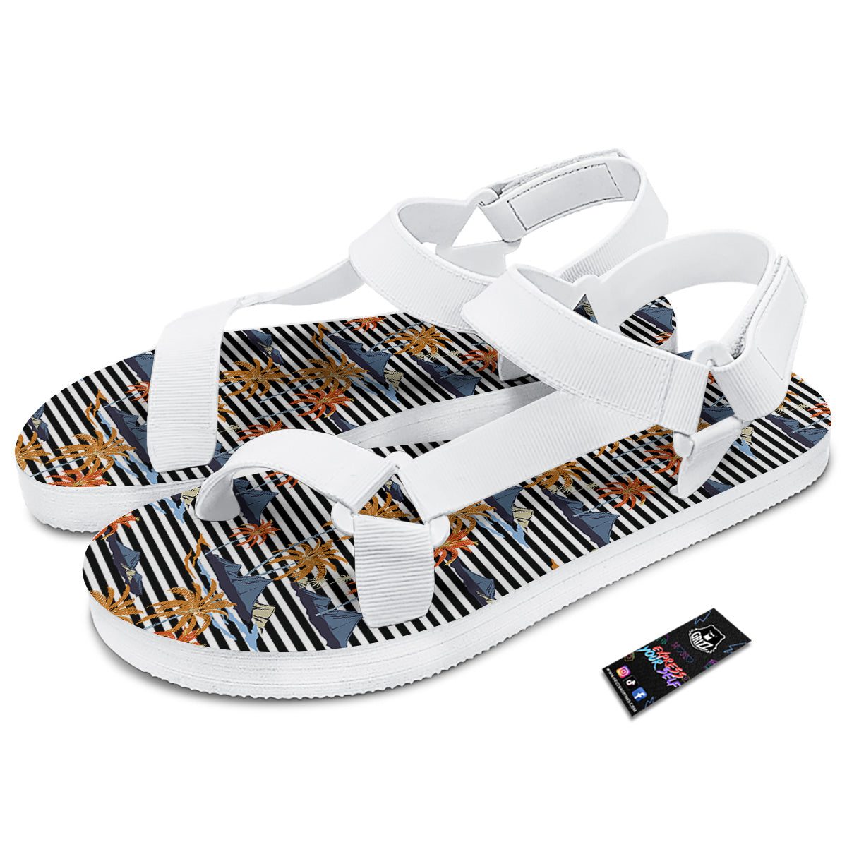 Tropical Island And Stripes Print Pattern White Open Toe Sandals-grizzshop