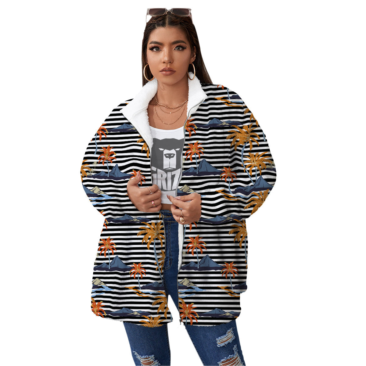 Tropical Island And Stripes Print Pattern Women's Sherpa Jacket-grizzshop