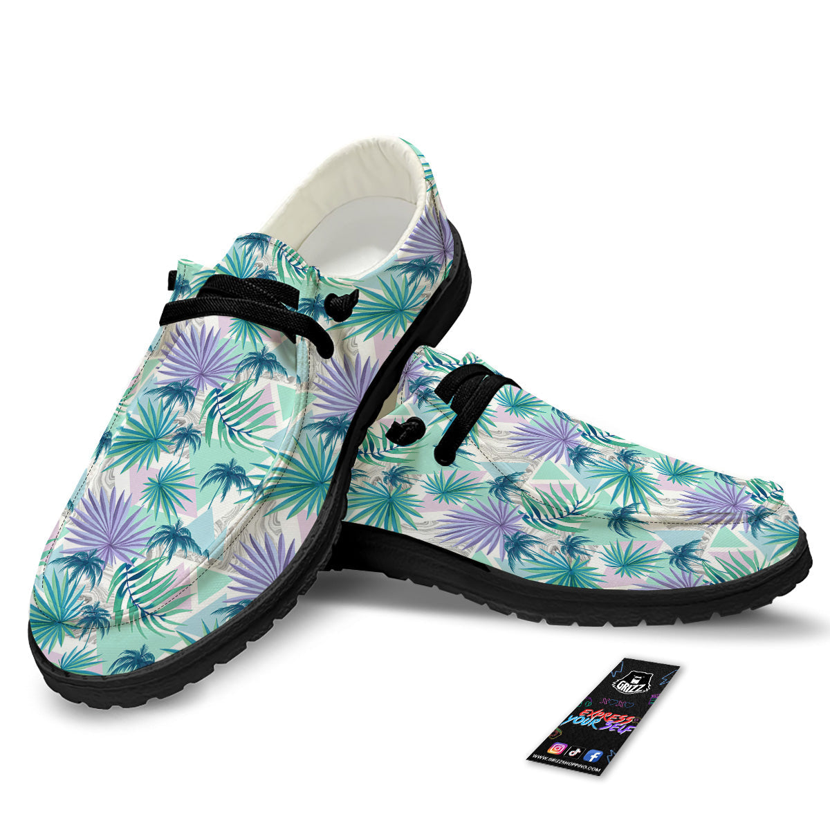 Tropical Leaf And Triangles Pastel Print Pattern Black Loafers-grizzshop