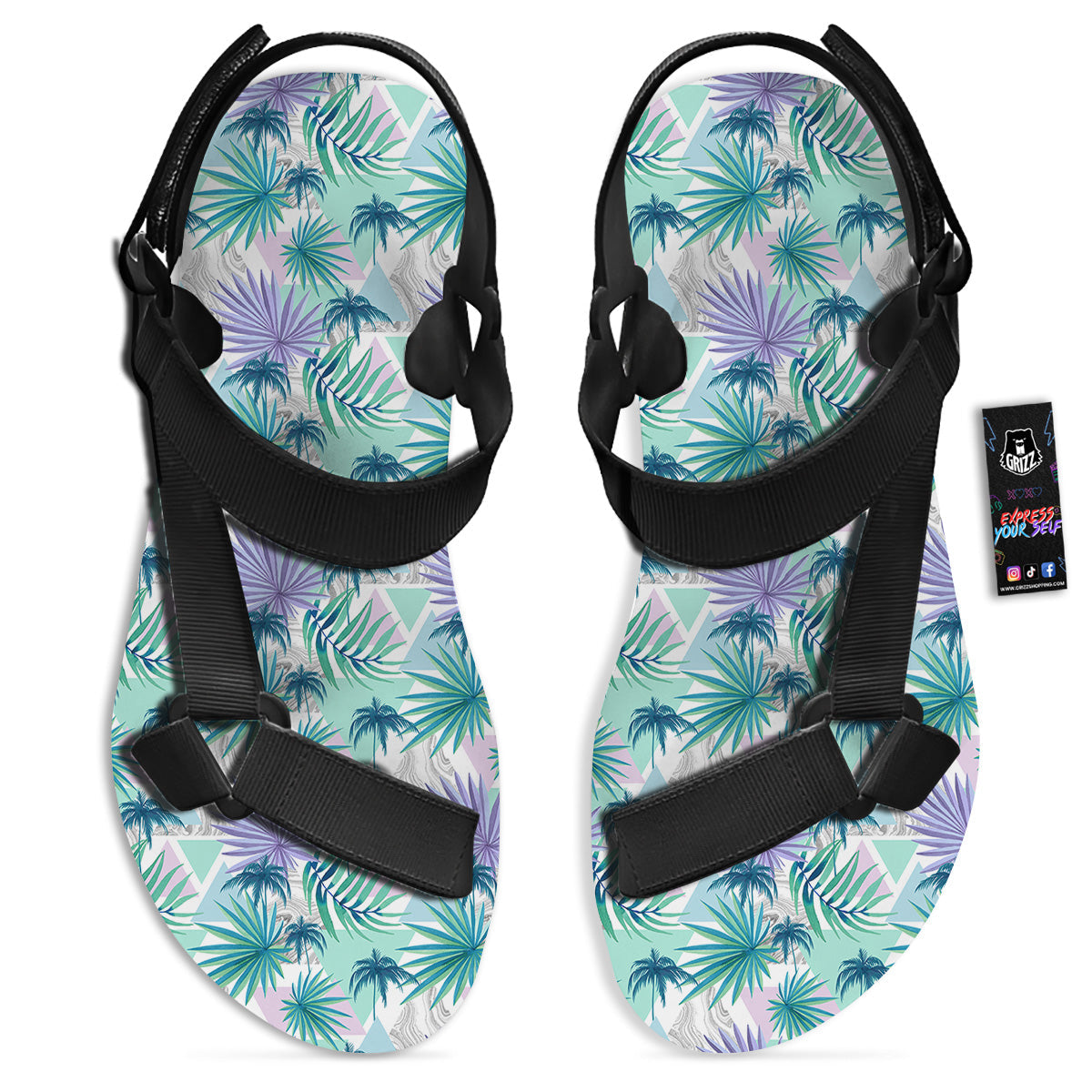 Tropical Leaf And Triangles Pastel Print Pattern Black Open Toe Sandals-grizzshop