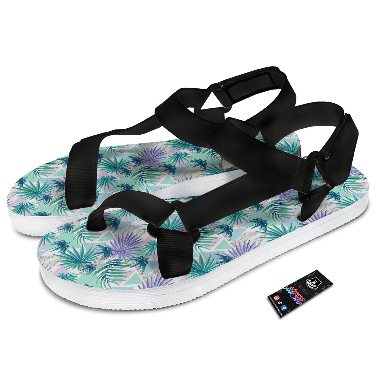 Tropical Leaf And Triangles Pastel Print Pattern Black Open Toe Sandals-grizzshop