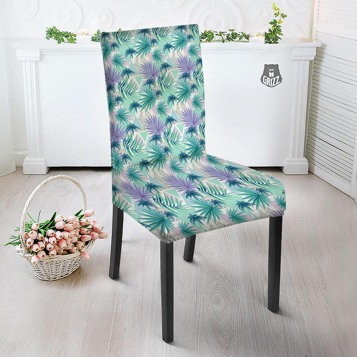 Tropical Leaf And Triangles Pastel Print Pattern Dining Chair Slipcover-grizzshop