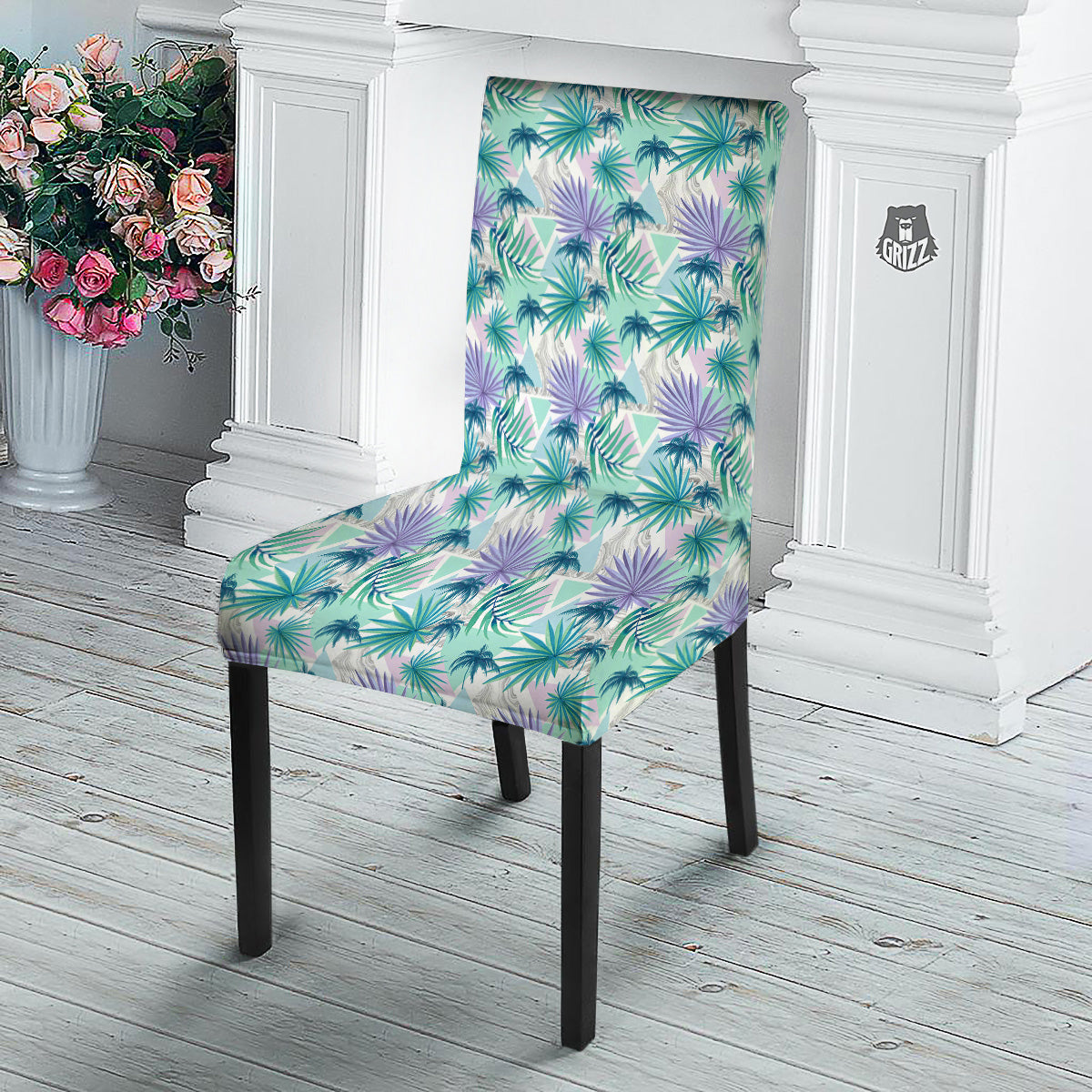 Tropical Leaf And Triangles Pastel Print Pattern Dining Chair Slipcover-grizzshop