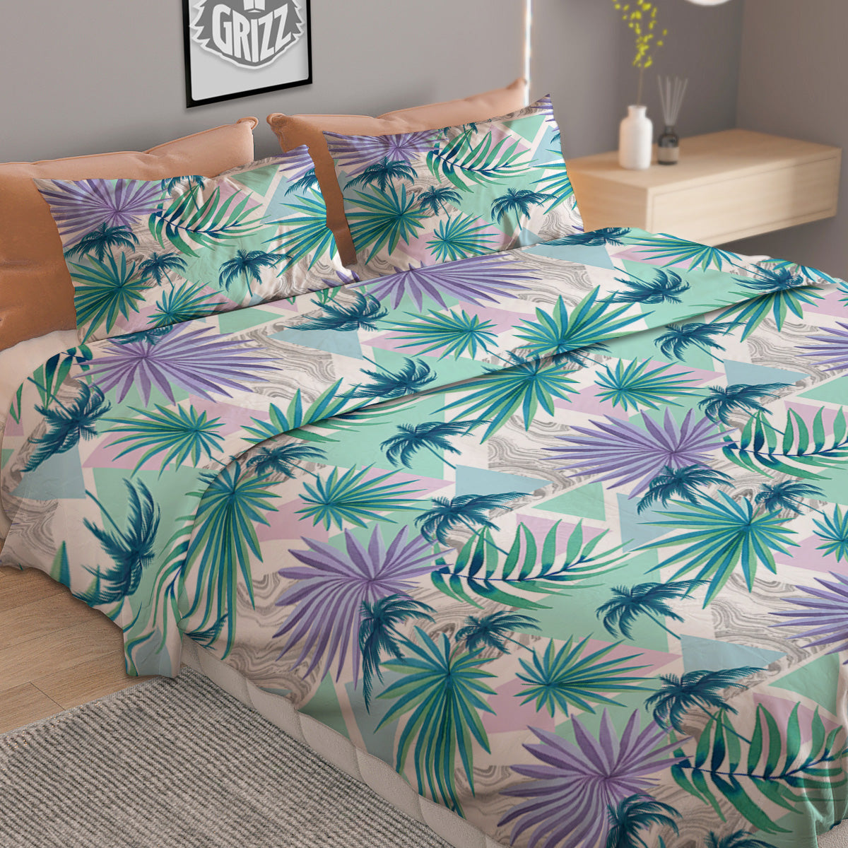 Tropical Leaf And Triangles Pastel Print Pattern Duvet Cover Bedding Set