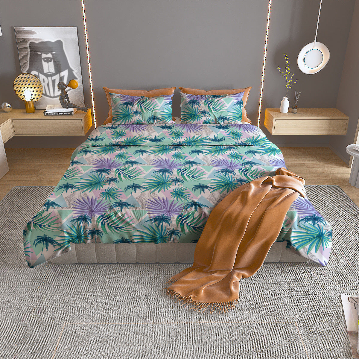 Tropical Leaf And Triangles Pastel Print Pattern Duvet Cover Bedding Set