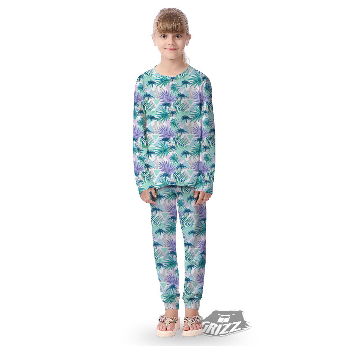 Tropical Leaf And Triangles Pastel Print Pattern Kid's Pajamas-grizzshop