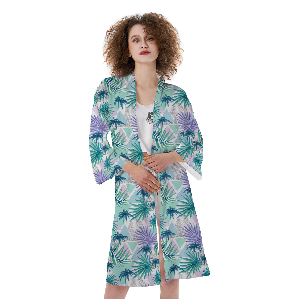 Tropical Leaf And Triangles Pastel Print Pattern Kimono-grizzshop