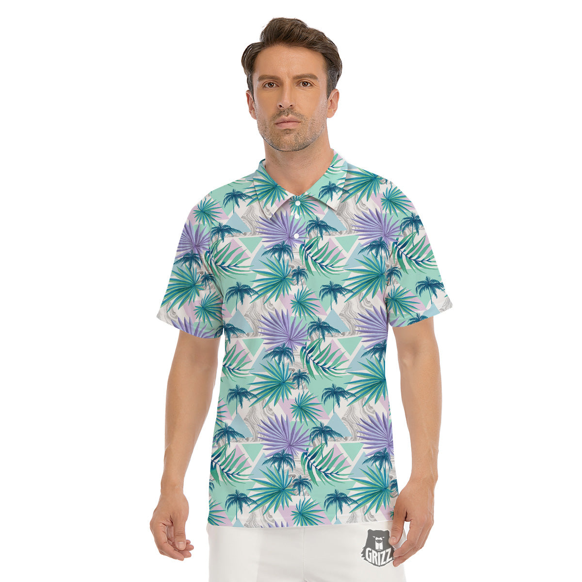 Tropical Leaf And Triangles Pastel Print Pattern Men's Golf Shirts-grizzshop
