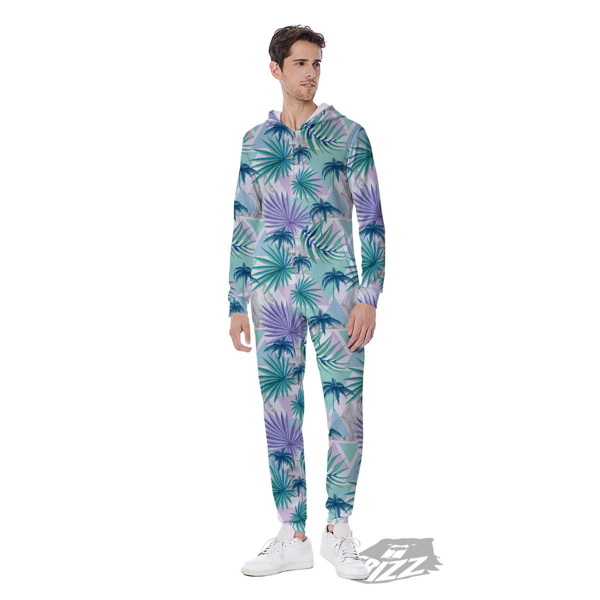 Tropical Leaf And Triangles Pastel Print Pattern Men's Jumpsuit-grizzshop
