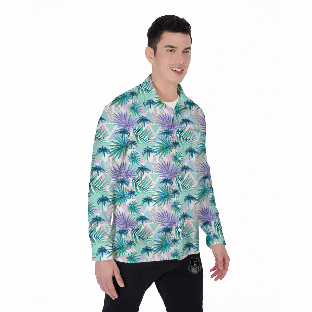 Tropical Leaf And Triangles Pastel Print Pattern Men's Long Sleeve Shirts-grizzshop