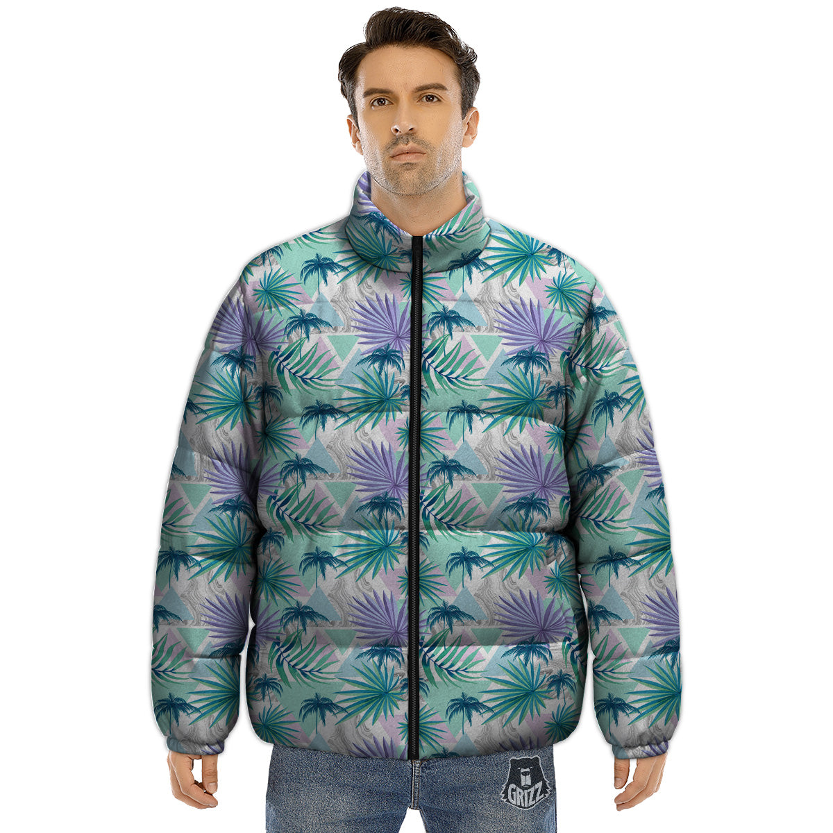 Tropical Leaf And Triangles Pastel Print Pattern Puffer Jacket-grizzshop