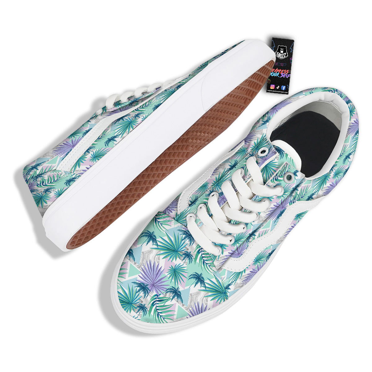 Tropical Leaf And Triangles Pastel Print Pattern Skate Shoes-grizzshop