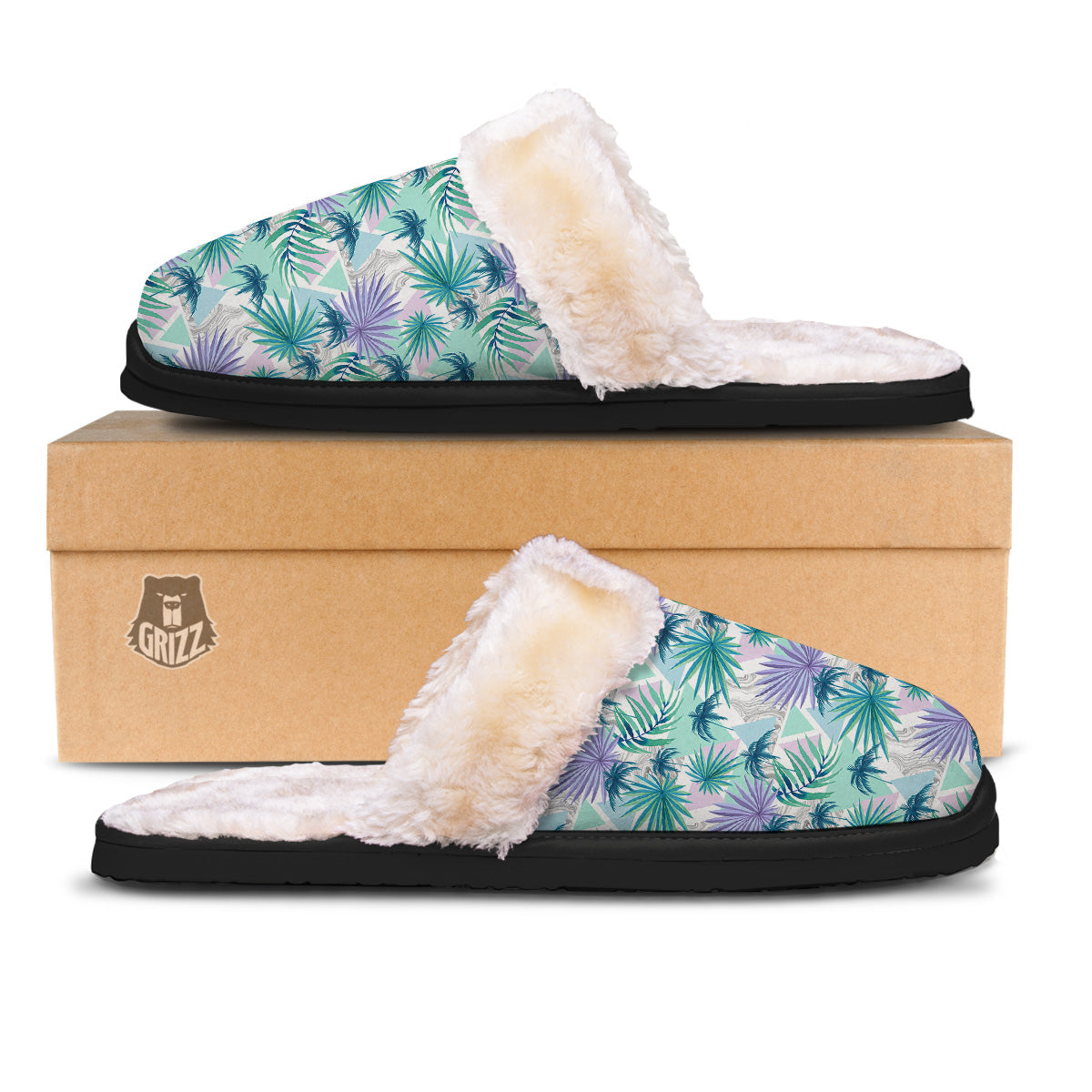 Tropical Leaf And Triangles Pastel Print Pattern Slippers-grizzshop