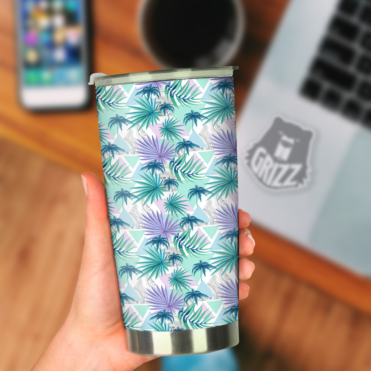 Tropical Leaf And Triangles Pastel Print Pattern Tumbler-grizzshop