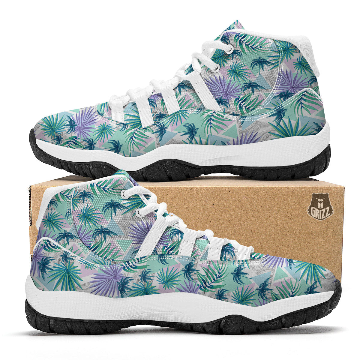 Tropical Leaf And Triangles Pastel Print Pattern White Bball Shoes-grizzshop