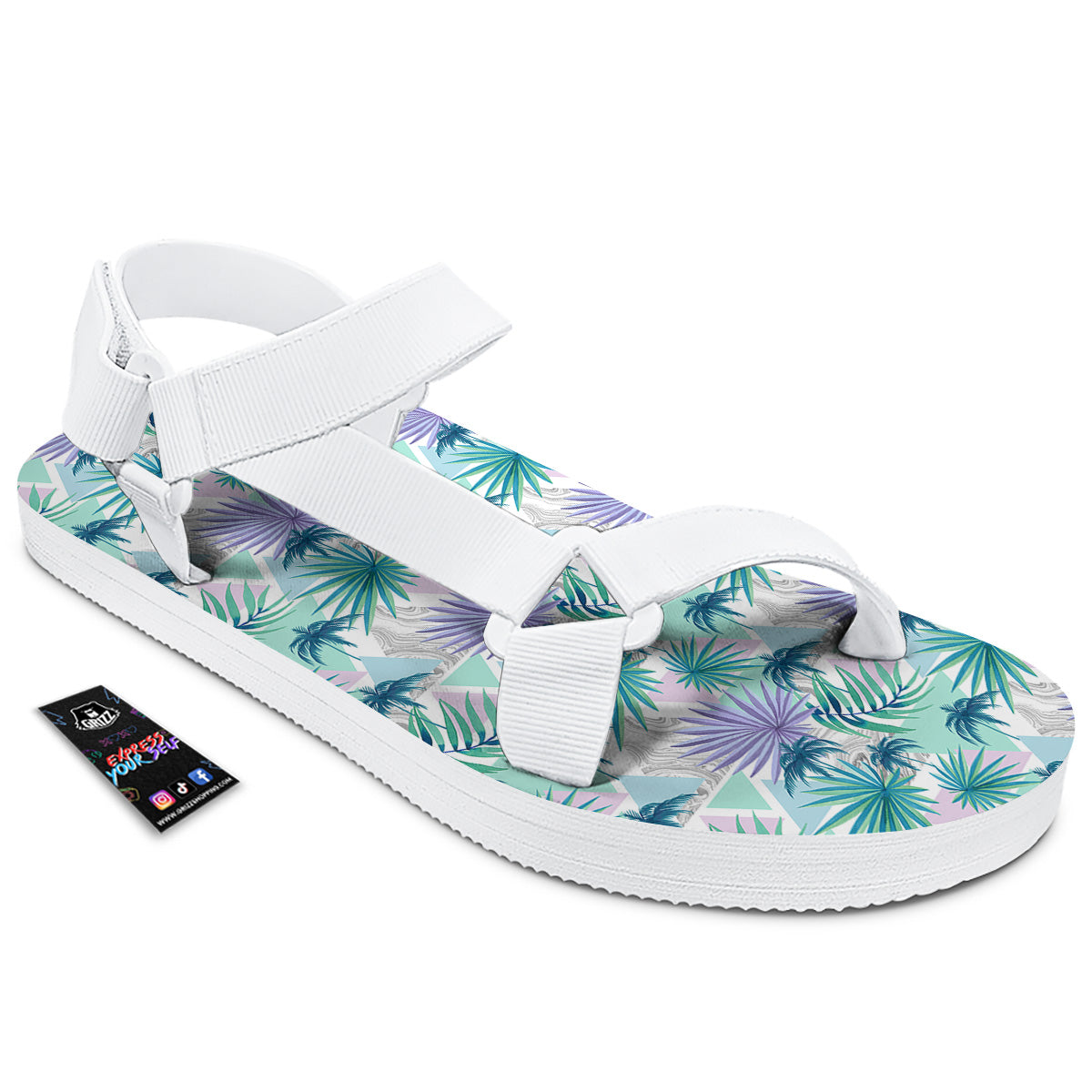 Tropical Leaf And Triangles Pastel Print Pattern White Open Toe Sandals-grizzshop