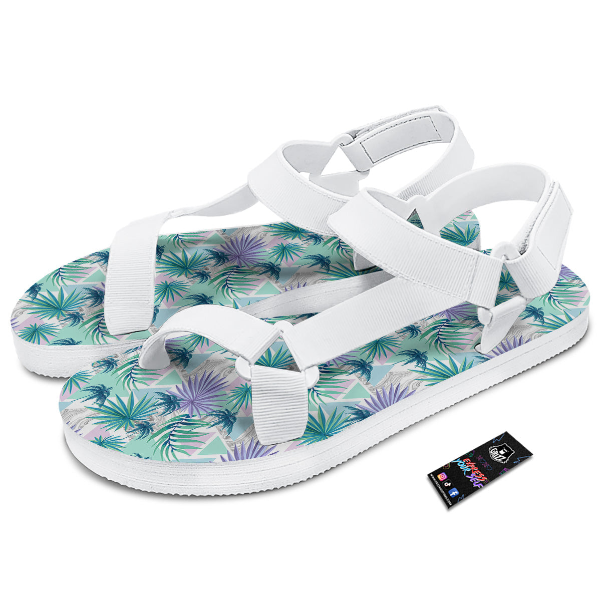 Tropical Leaf And Triangles Pastel Print Pattern White Open Toe Sandals-grizzshop