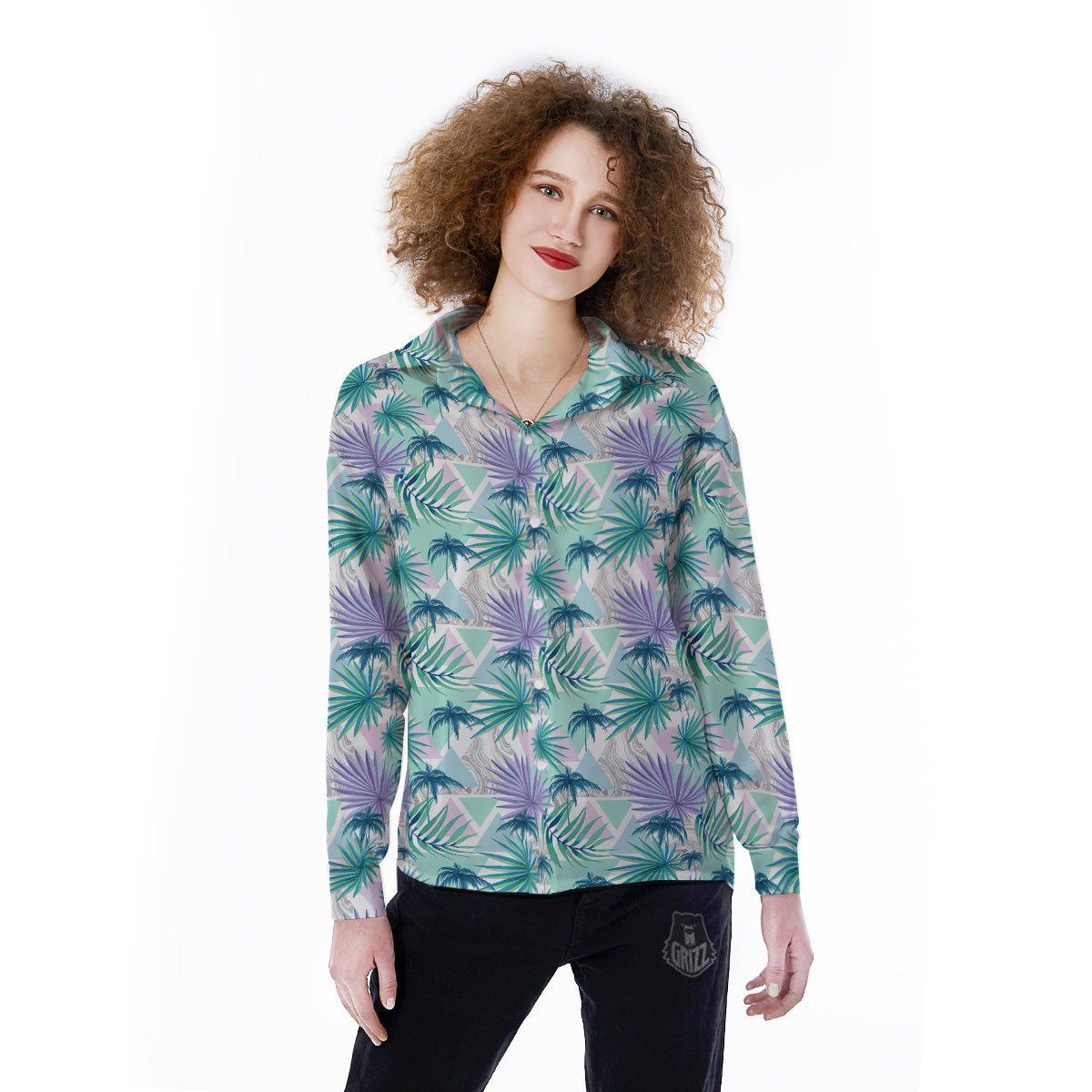 Tropical Leaf And Triangles Pastel Print Pattern Women's Long Sleeve Shirts-grizzshop
