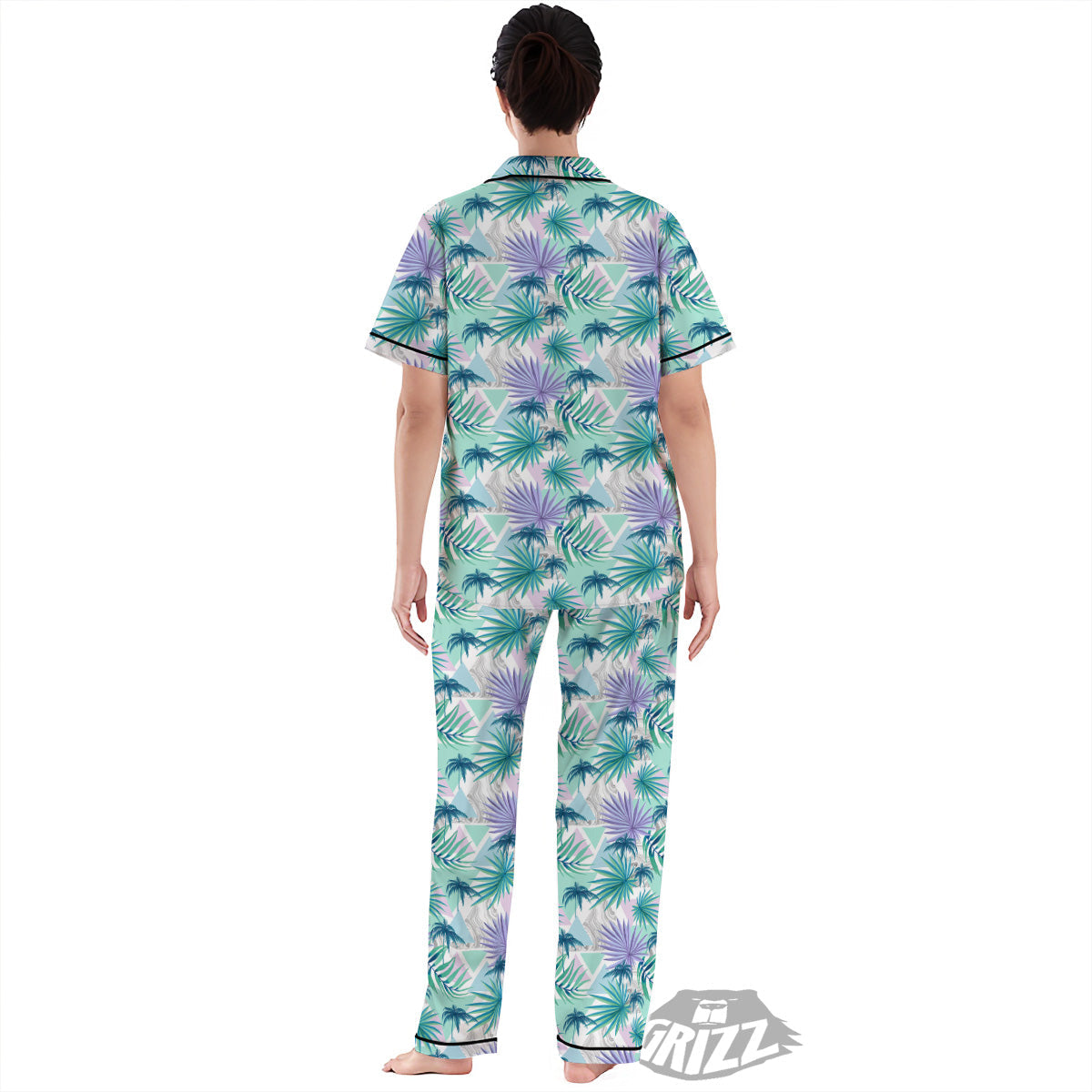 Tropical Leaf And Triangles Pastel Print Pattern Women's Pajamas Set-grizzshop