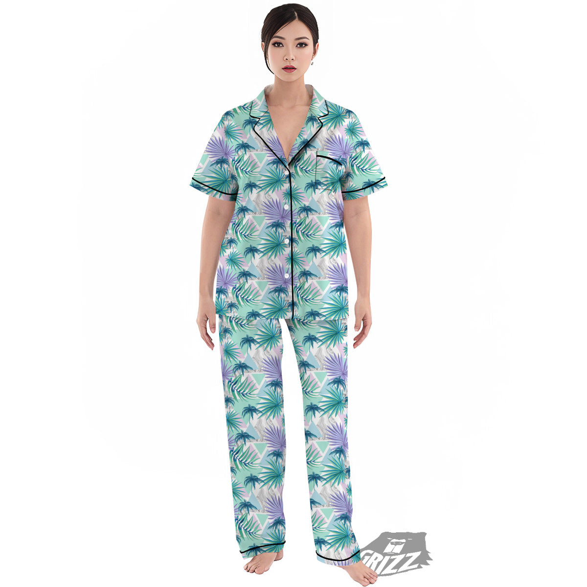 Tropical Leaf And Triangles Pastel Print Pattern Women's Pajamas Set-grizzshop