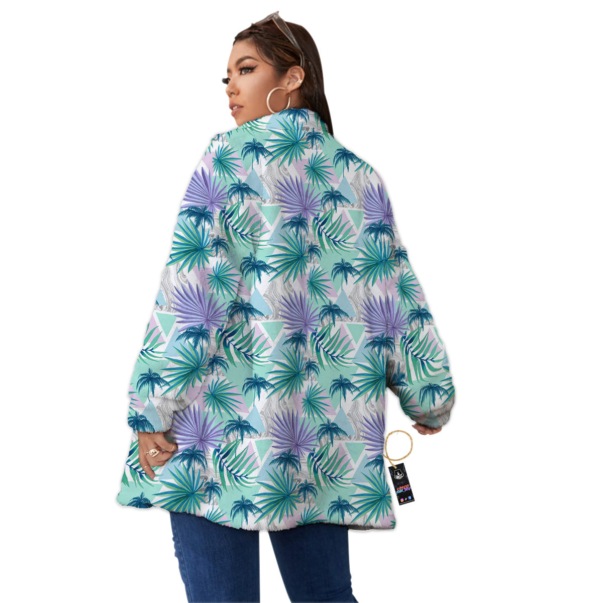 Tropical Leaf And Triangles Pastel Print Pattern Women's Sherpa Jacket-grizzshop