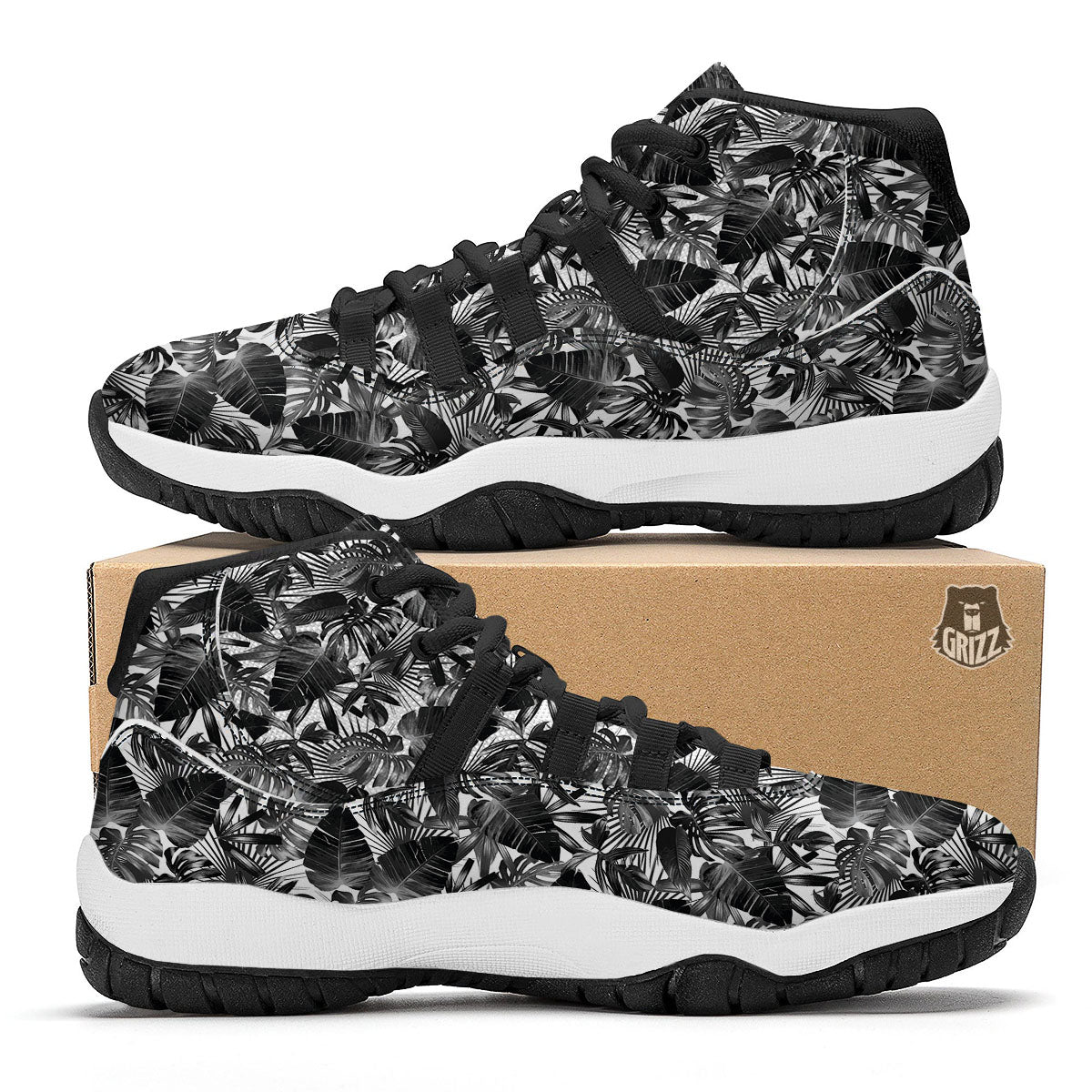 Tropical Leaf Black White Print Pattern Black Bball Shoes-grizzshop
