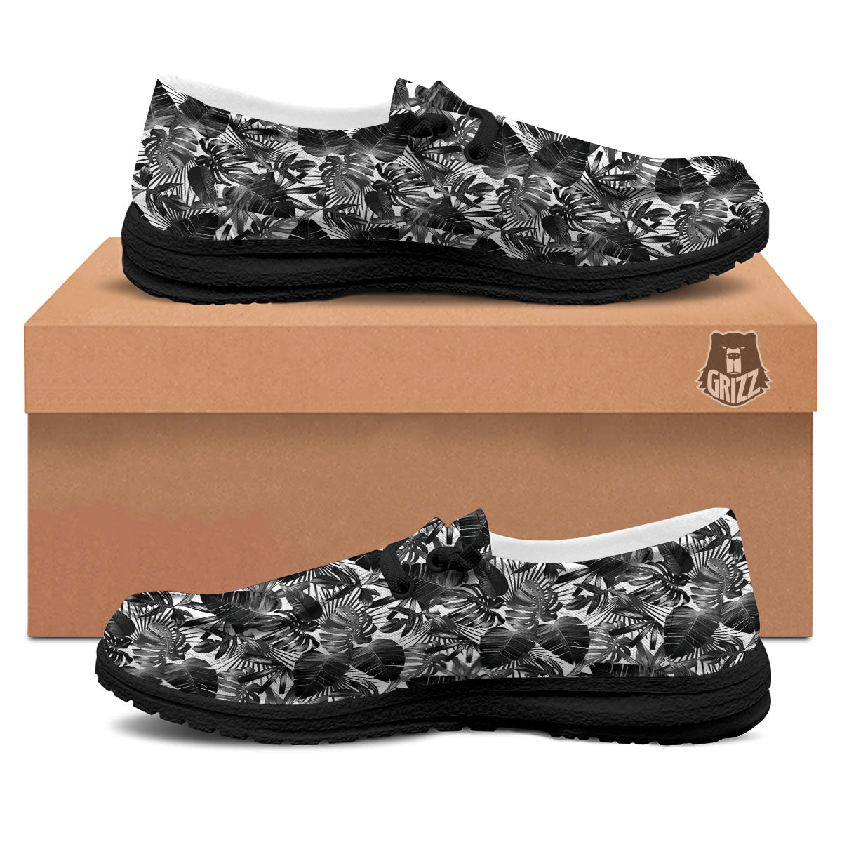 Tropical Leaf Black White Print Pattern Black Loafers-grizzshop