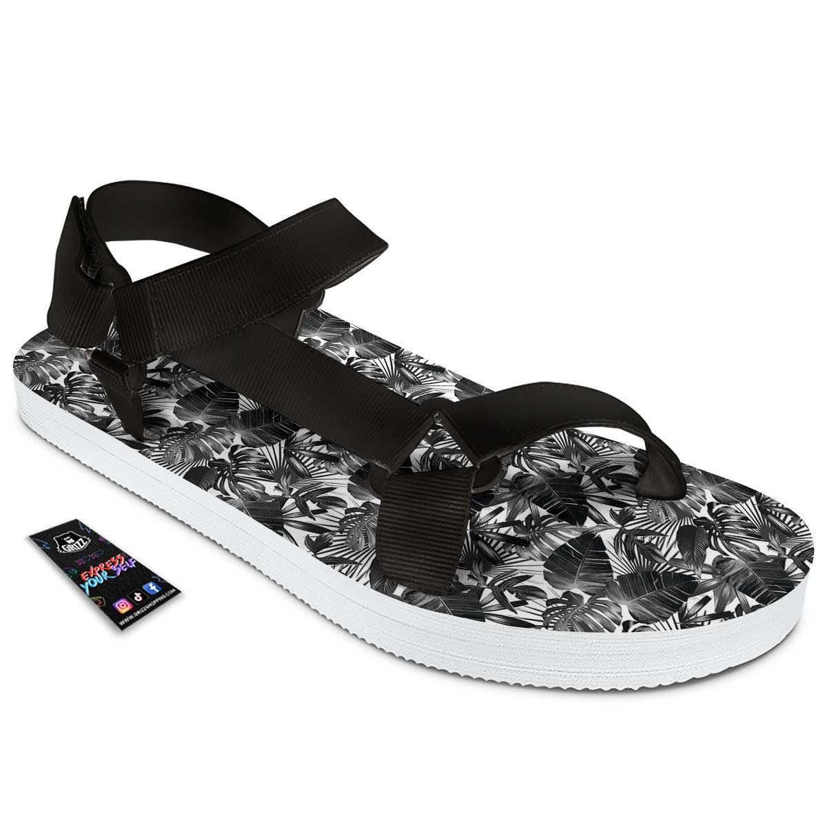 Tropical Leaf Black White Print Pattern Black Open Toe Sandals-grizzshop