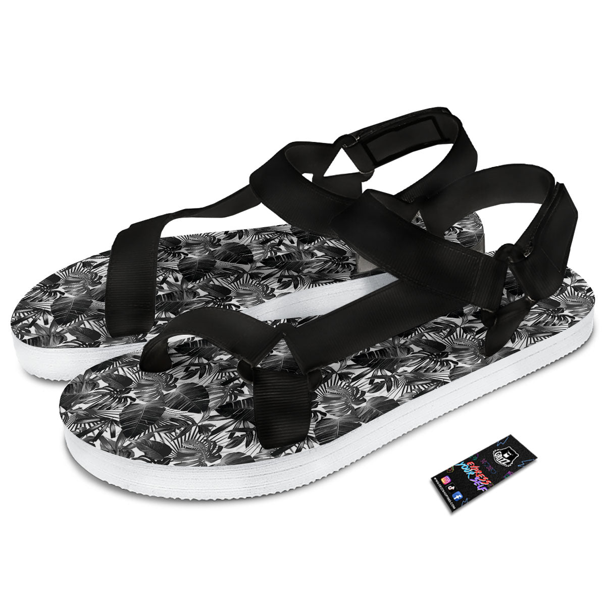 Tropical Leaf Black White Print Pattern Black Open Toe Sandals-grizzshop
