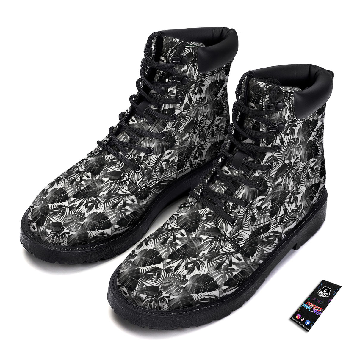 Tropical Leaf Black White Print Pattern Boots-grizzshop