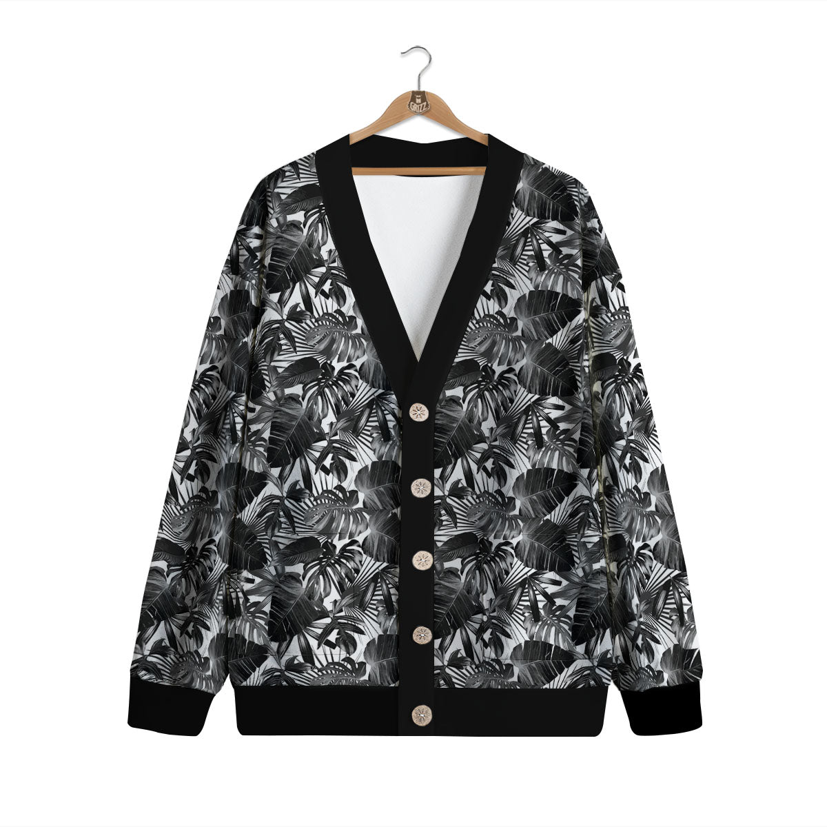 Tropical Leaf Black White Print Pattern Cardigan-grizzshop