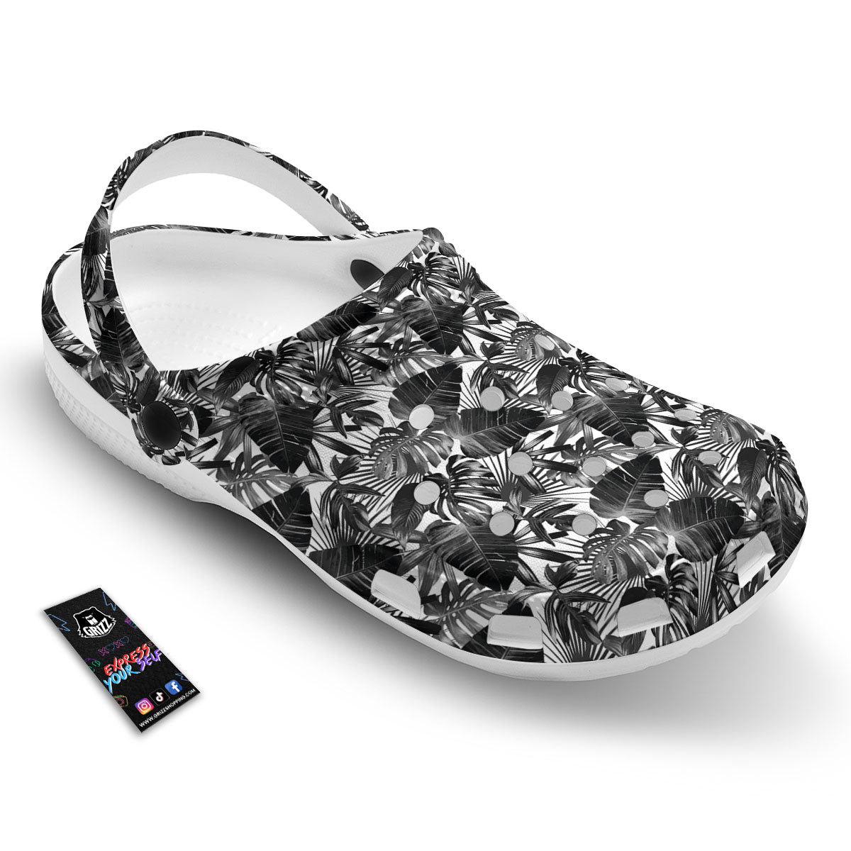 Tropical Leaf Black White Print Pattern Clog-grizzshop