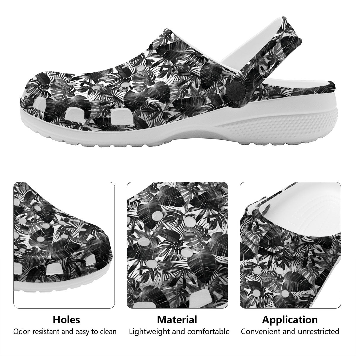 Tropical Leaf Black White Print Pattern Clog-grizzshop