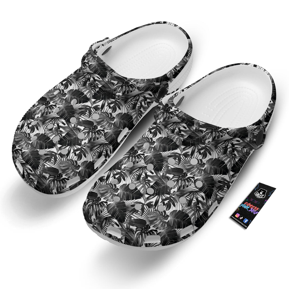 Tropical Leaf Black White Print Pattern Clog-grizzshop
