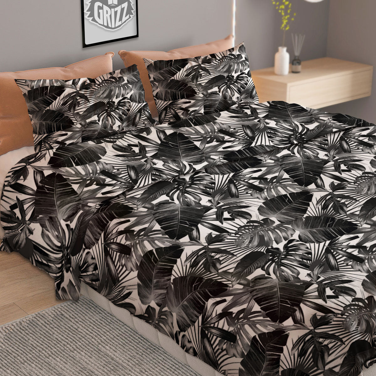 Tropical Leaf Black White Print Pattern Duvet Cover Bedding Set
