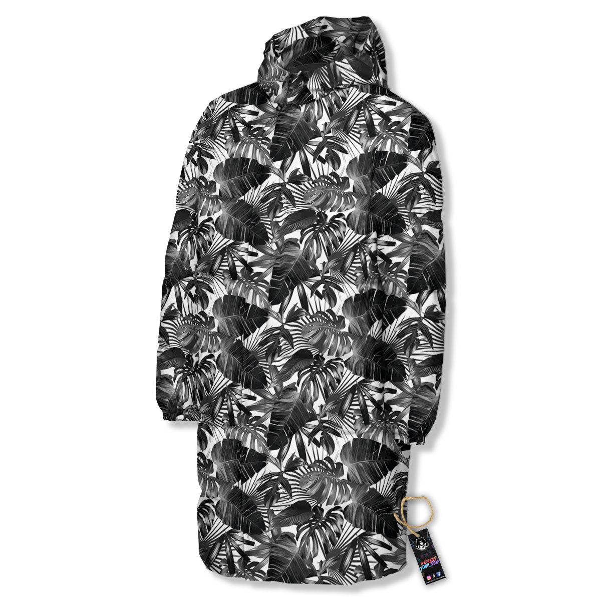 Tropical Leaf Black White Print Pattern Long Down Jacket-grizzshop