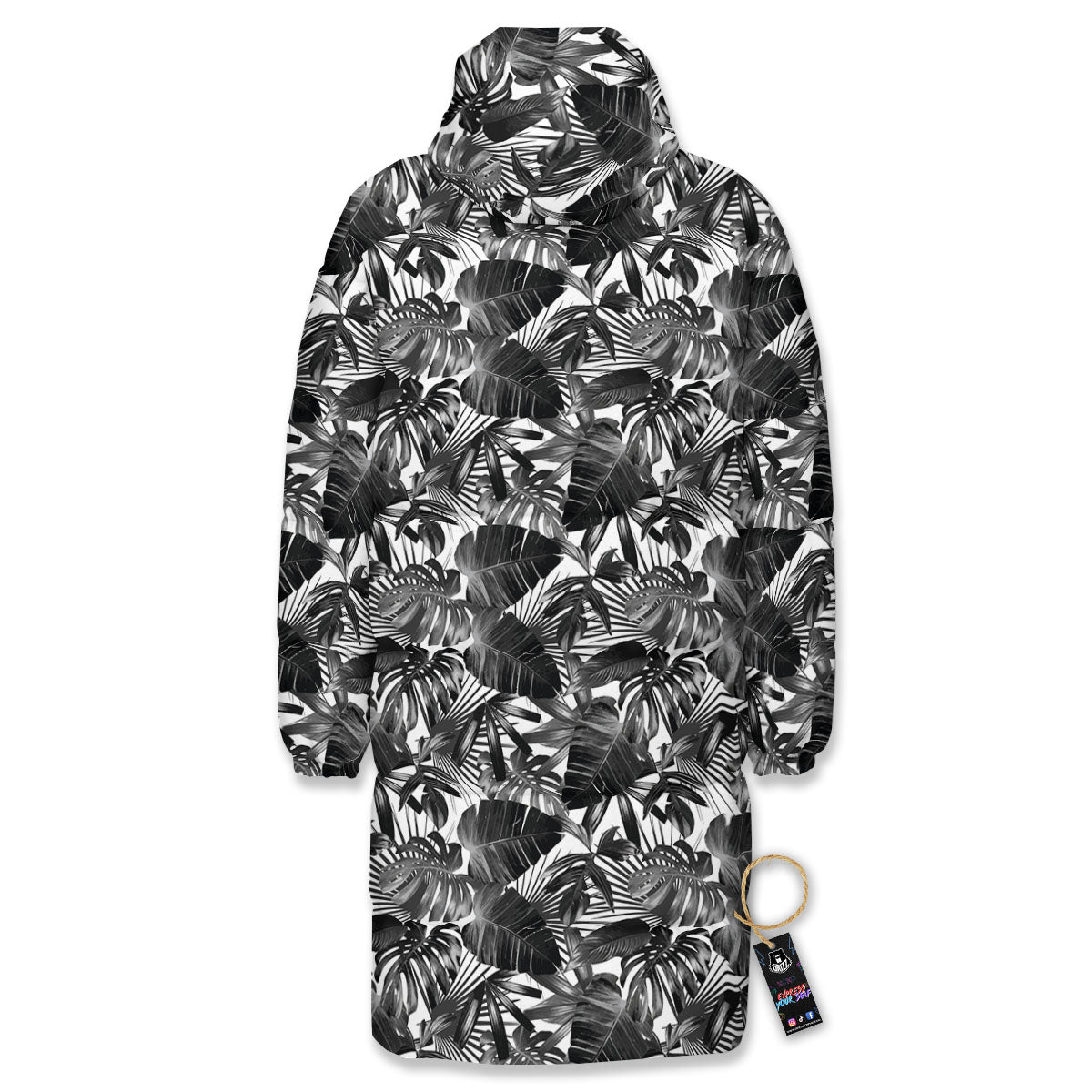 Tropical Leaf Black White Print Pattern Long Down Jacket-grizzshop