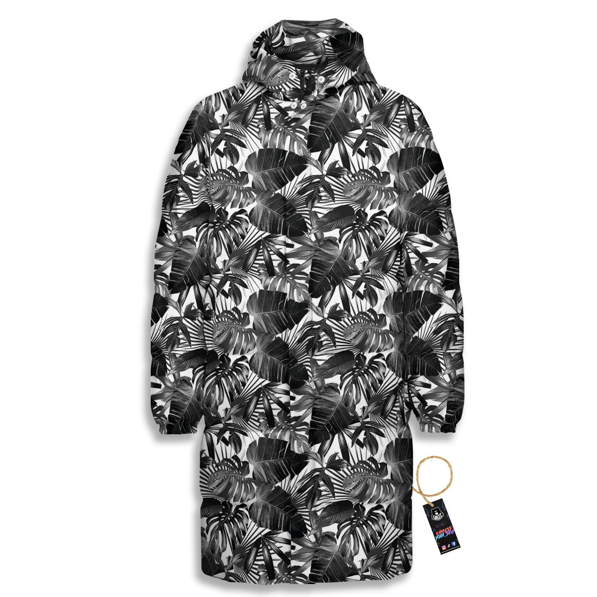 Tropical Leaf Black White Print Pattern Long Down Jacket-grizzshop
