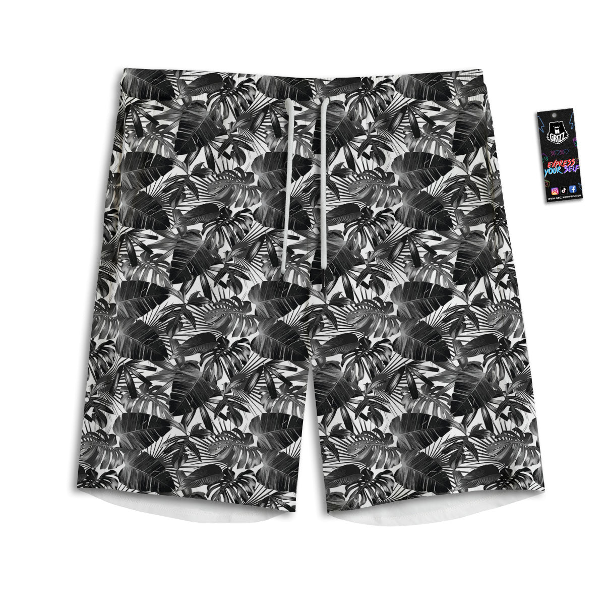Tropical Leaf Black White Print Pattern Men's Athletic Shorts