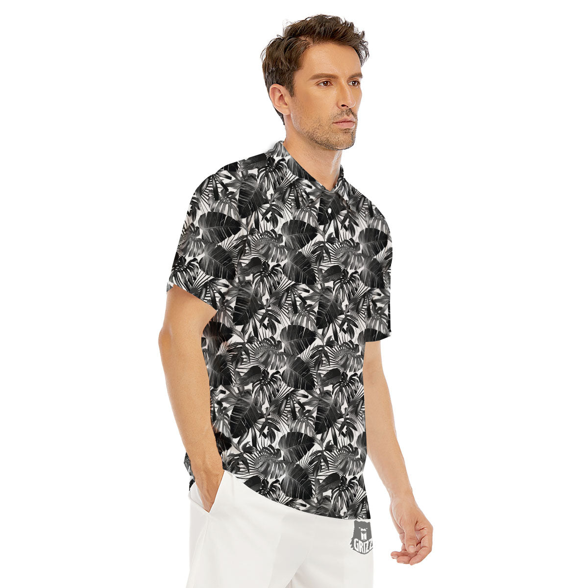 Tropical Leaf Black White Print Pattern Men's Golf Shirts-grizzshop