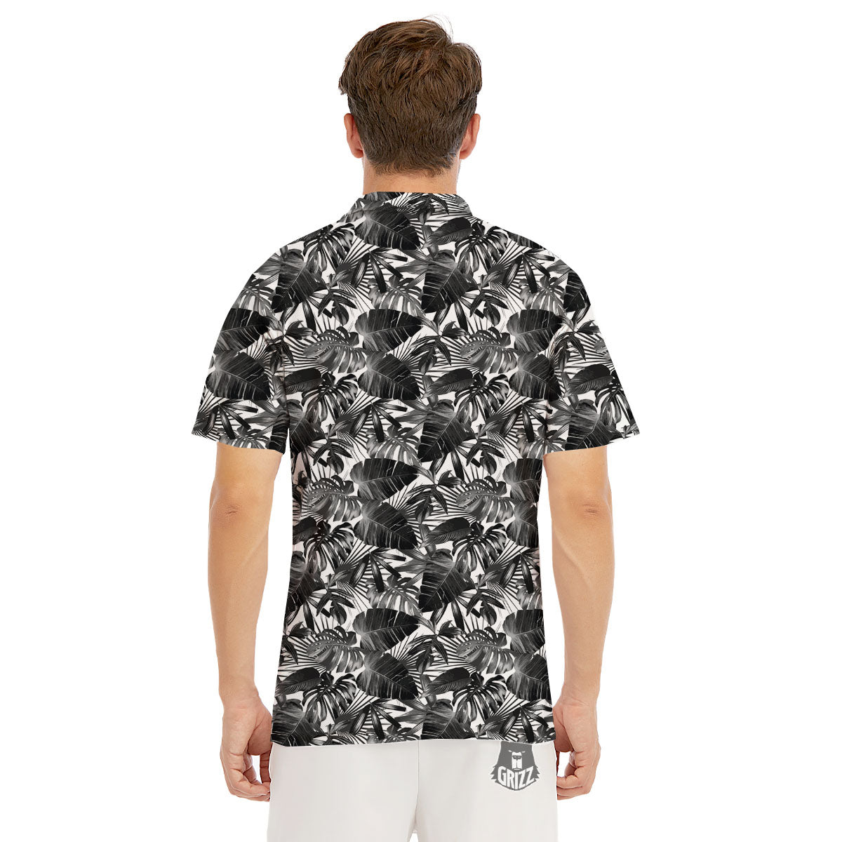 Tropical Leaf Black White Print Pattern Men's Golf Shirts-grizzshop