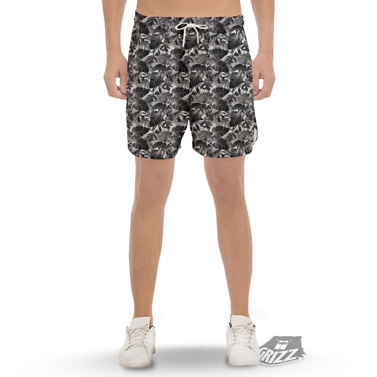 Tropical Leaf Black White Print Pattern Men's Gym Shorts-grizzshop